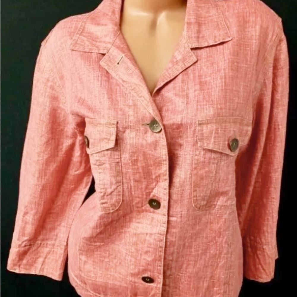 🌺Chicos pink & gold metallic button down linen 3/4 sleeve jacket 2 Large, 12/14